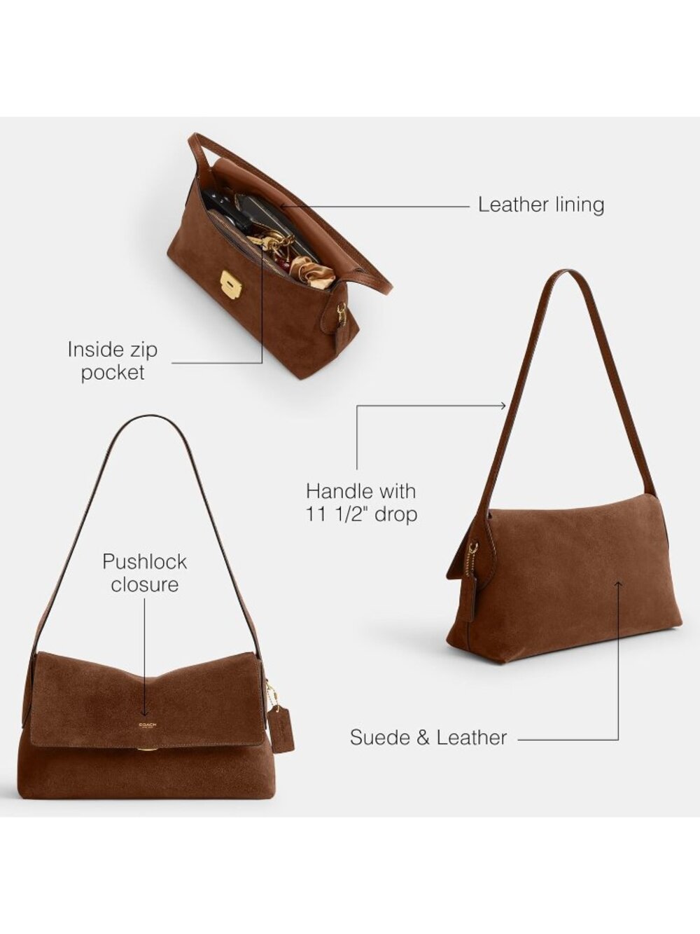 Women's Carmel Suede Grain Leather Push-lock ZIP Pocket Chelsea Shoulder Bag - Picture 4 of 6